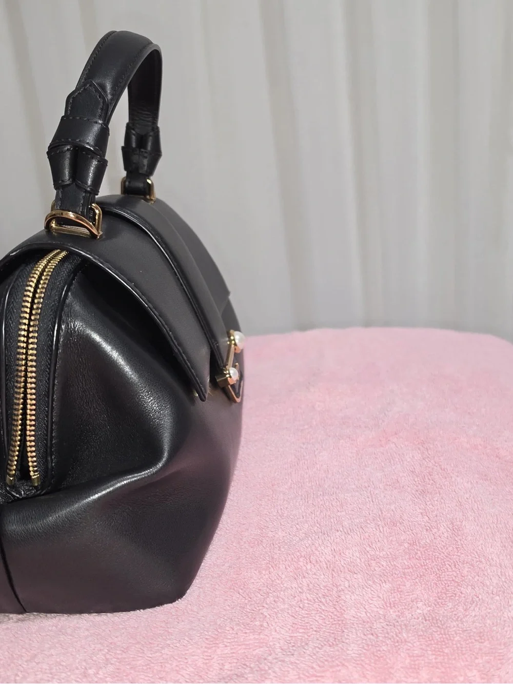 Karl Lagerfeld Black Leather Satchel with Pearl and Gold Accents - Picture 12 of 13